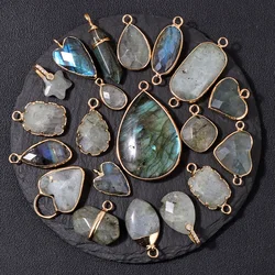 2PCS Natural Flash Labradorite Stone Pendant Irregular Shape Fashion Flash Labradorites Charms Connector For Jewelry Making DIY
