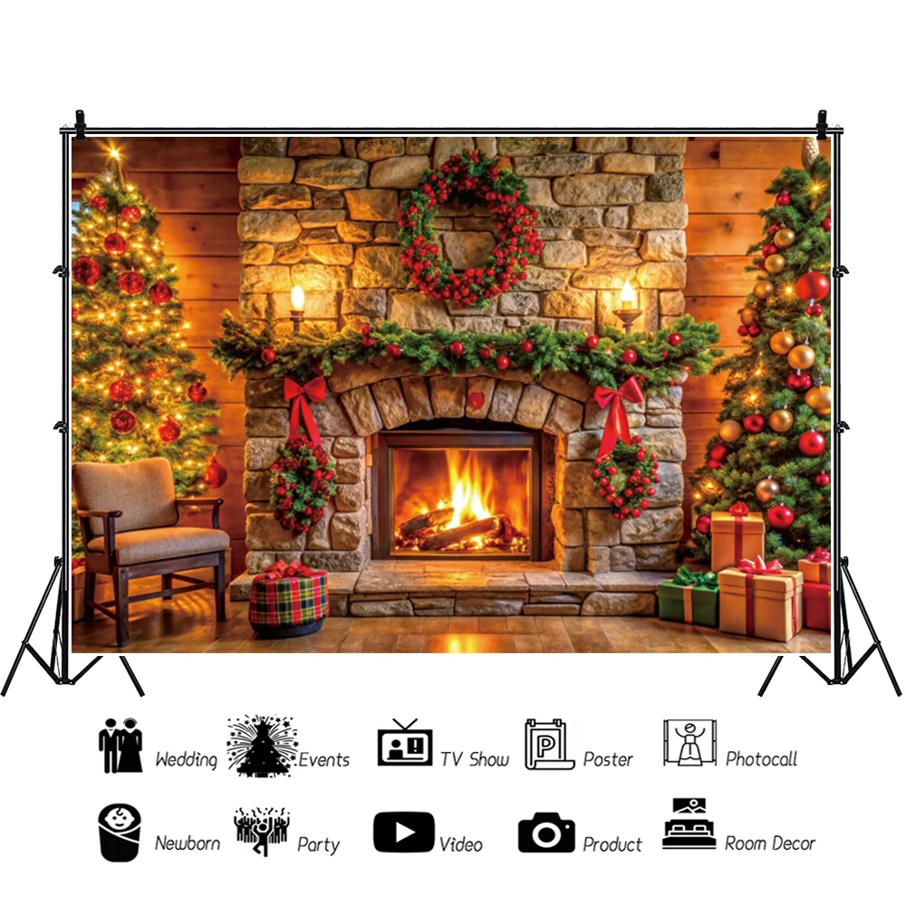 Christmas Fireplace Brick Wall Backdrop Christmas Tree Gift Family Party Decoration Portrait Photography Background Photobooth