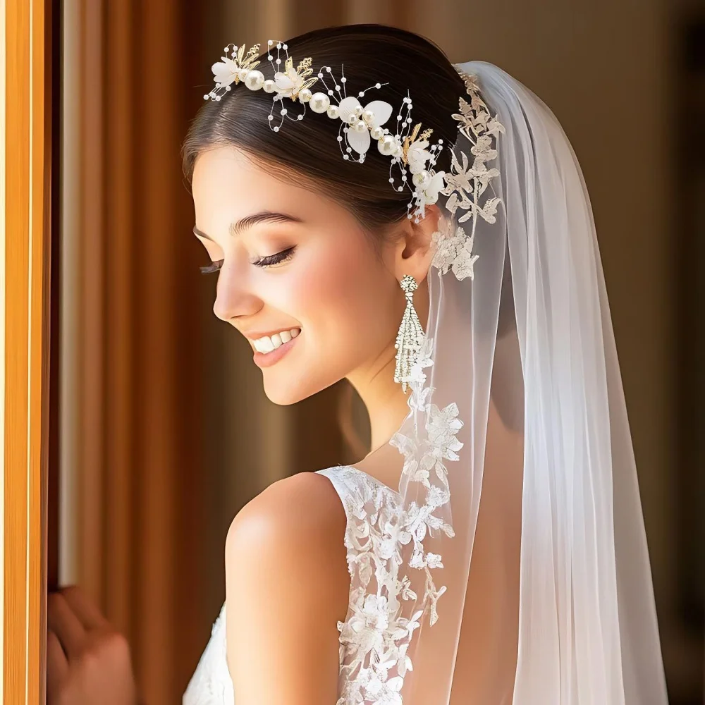 1Pc Pearl Flower Lace Headpiece, Elegant Bridal Style, Perfect for Wedding Hairstyles, Photo Shoots & Evening Events