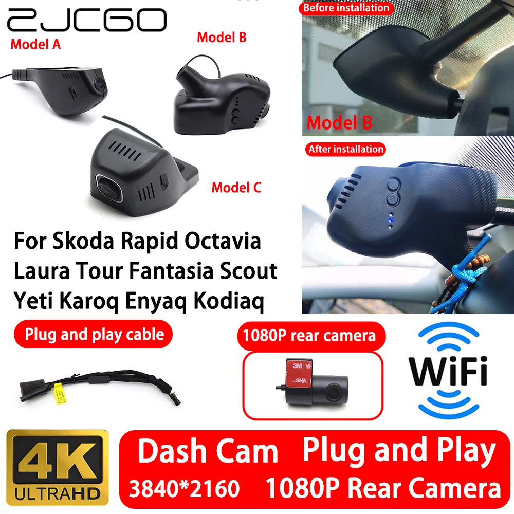 for Skoda Rapid Octavia Laura Tour Fantasia Scout Yeti Karoq Enyaq Kodiaq 4K 2160P Front Rear Camera Dash Cam Wifi Plug and Play