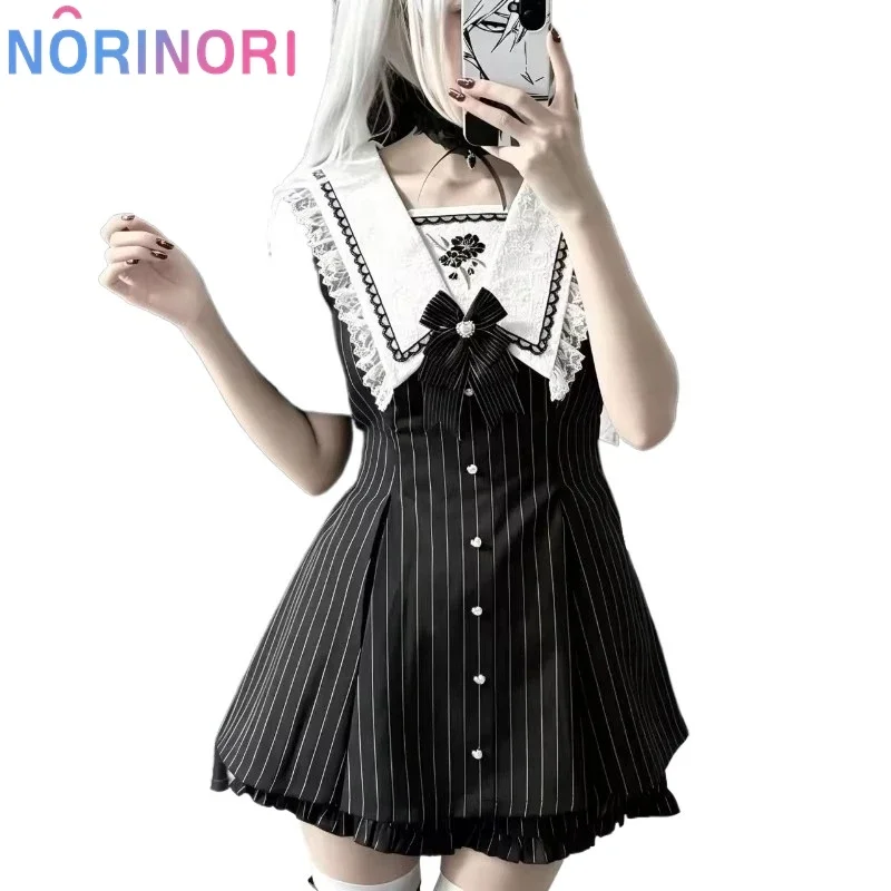 Japanese Gothic Lolita Style Bow Stripes Dress Shorts Set Women Sweet Lace Ruffles Button Shirt Dresses Y2k Dark Slim Mini Dress