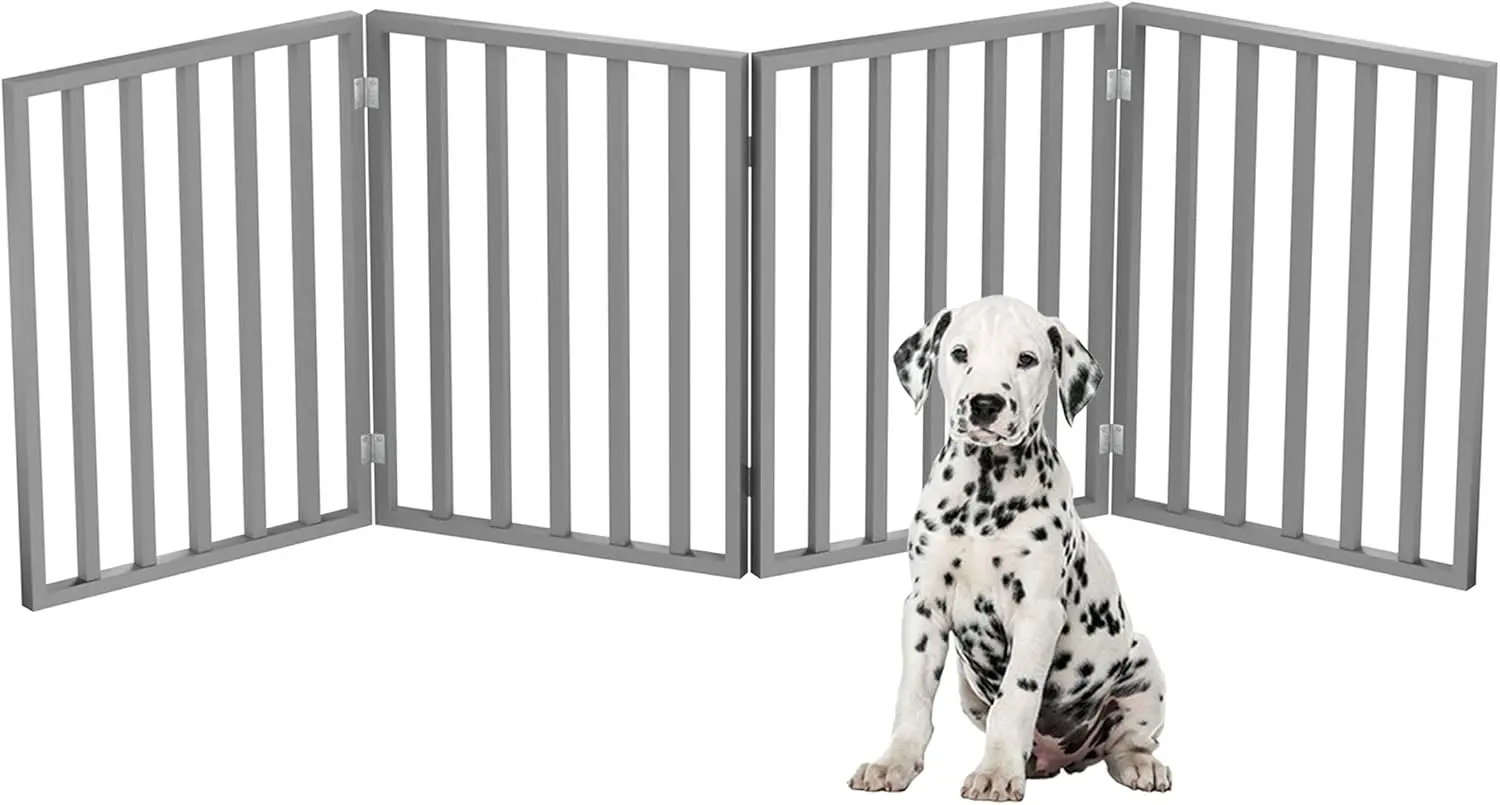 

Foldable 4-Panel Pet Gate for Stairs, Hallways, Doorways - 72x24 Inch Freestanding Wood Fence in Gray