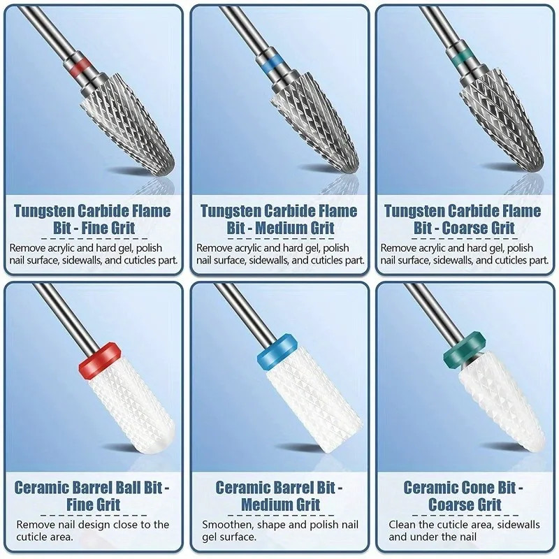 13 pièces/ensemble 3/32 "ensemble de forets à ongles en carbure de diamant hypoallergénique adapté aux ongles en acrylique, cuticules, dissolvant de vernis à ongles