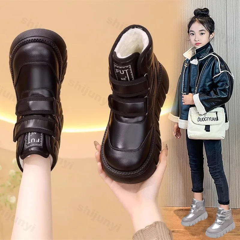

Зимние детские ботинки, новинка 2023 года, теплые плюшевые уличные ботильоны на платформе, нескользящая детская повседневная обувь, непромокаемые зимние ботинки для девочек