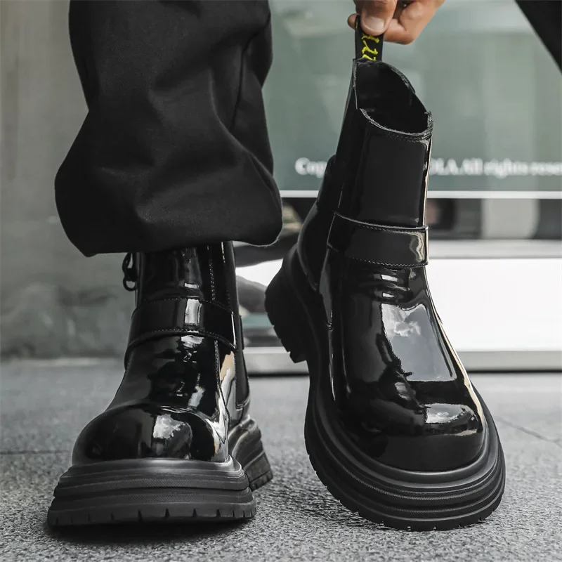 

Men Fashion Party Prom Dress Chelsea Boots Black Stylish Patent Leather Shoes Cowboy Platform Ankle Boot Handsome Short Botas