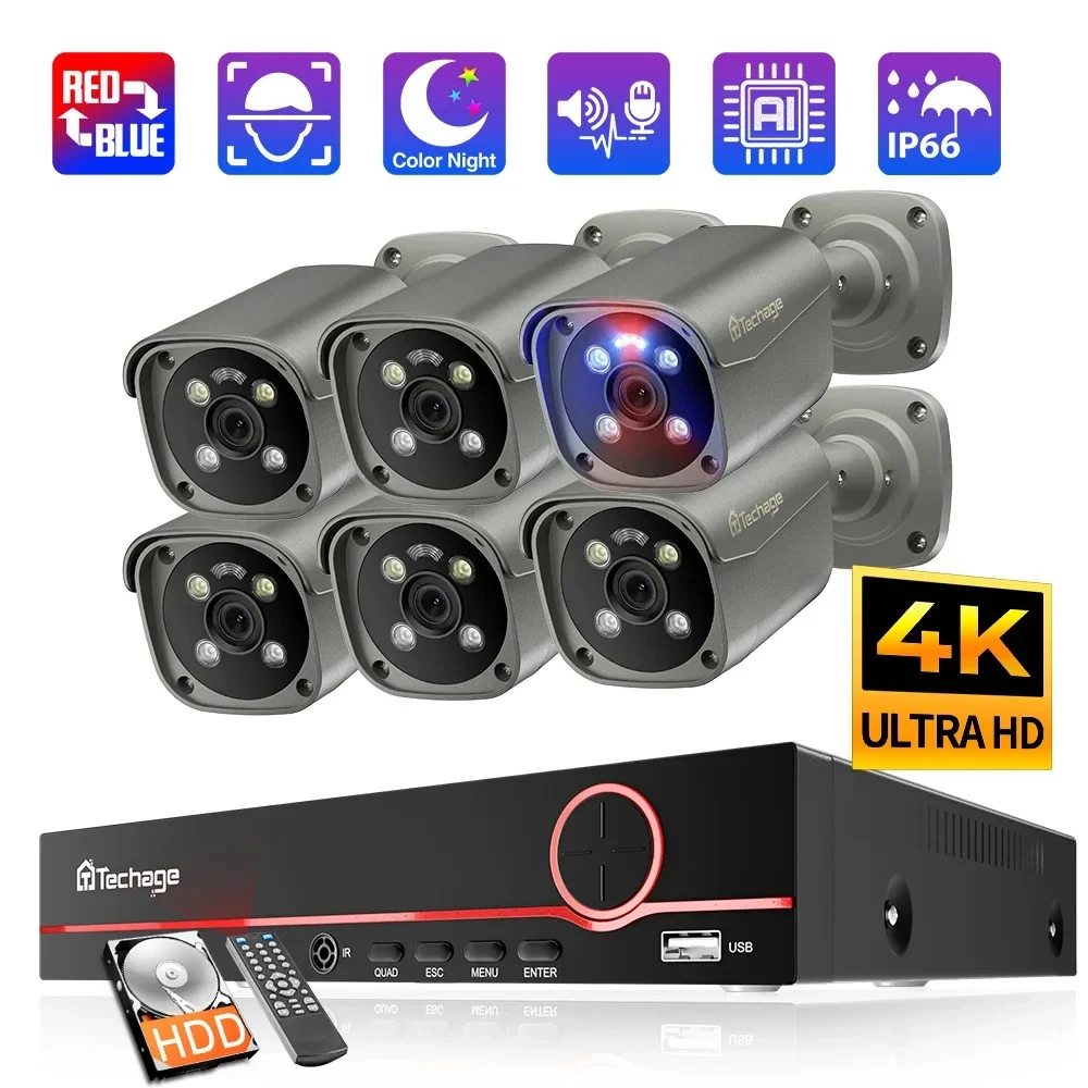 

Techage 8CH 4K 8MP Camera System H.265 PoE Processor Outdoor Security Surveillance AI Human Detect Two-way Conversation CCTV Set