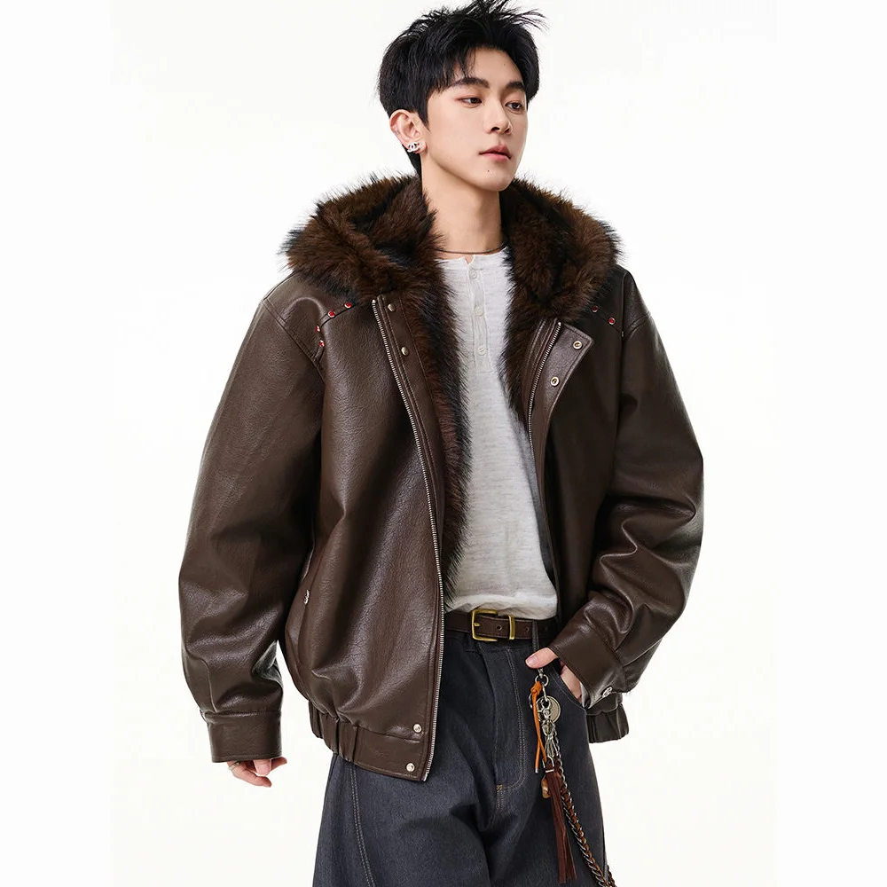 Winter Faux Fur Liner Thick Warm Hooded Leather Jacket Men Streetwear Loose Casual Vintage Short Bomber Jacket Women Parkas Coat