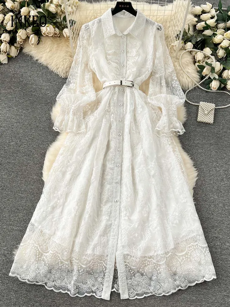 Vintage Luxury Embroidery long shirt Lace dress for women 2024 Summer Party Lantern sleeve Maxi dress White see-through 4D010