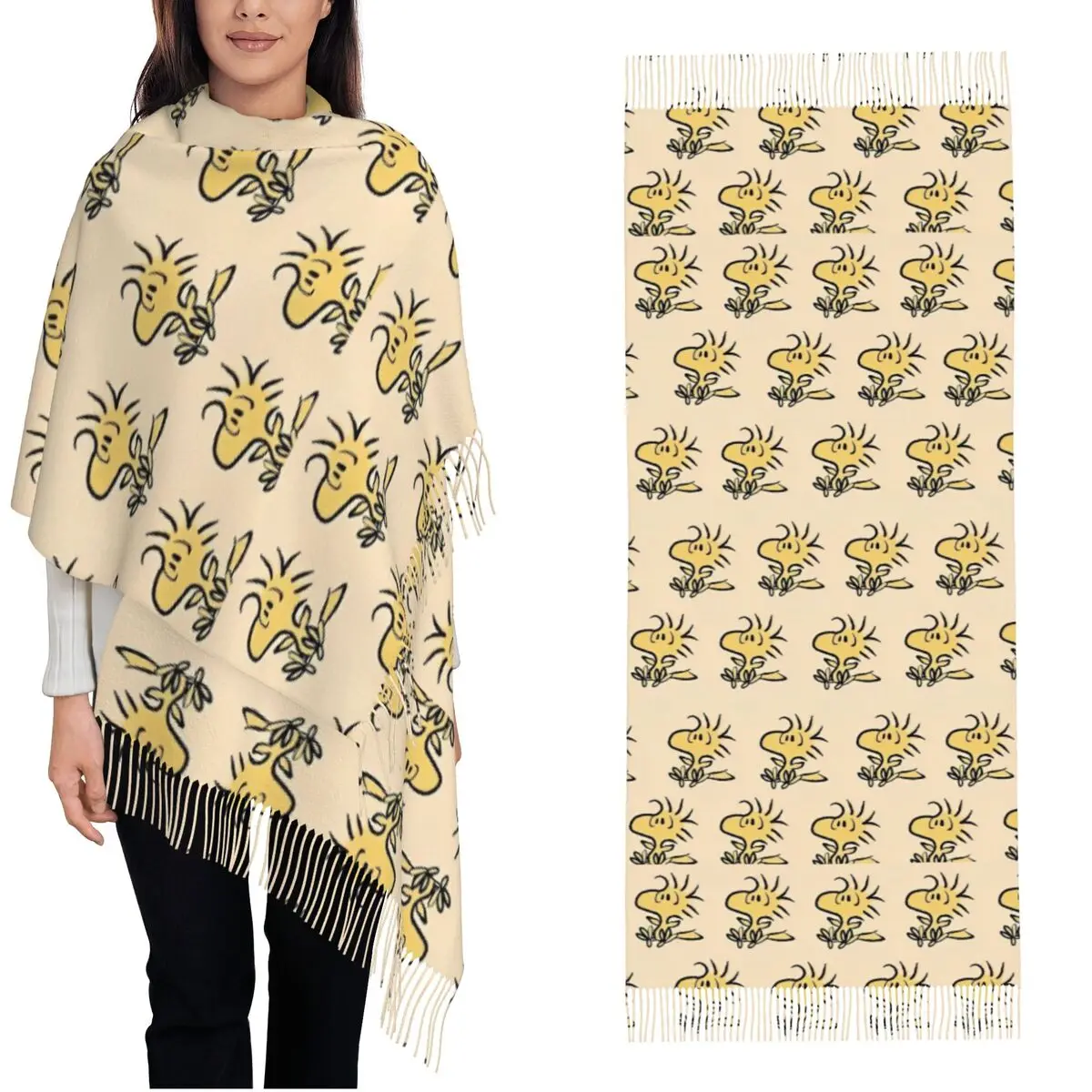 Womens Tassel Scarf Peanuts Snoopy Many Woodstock Long Soft Warm Shawl Wrap Cartoon Cute Daily Wear Pashmina Scarves