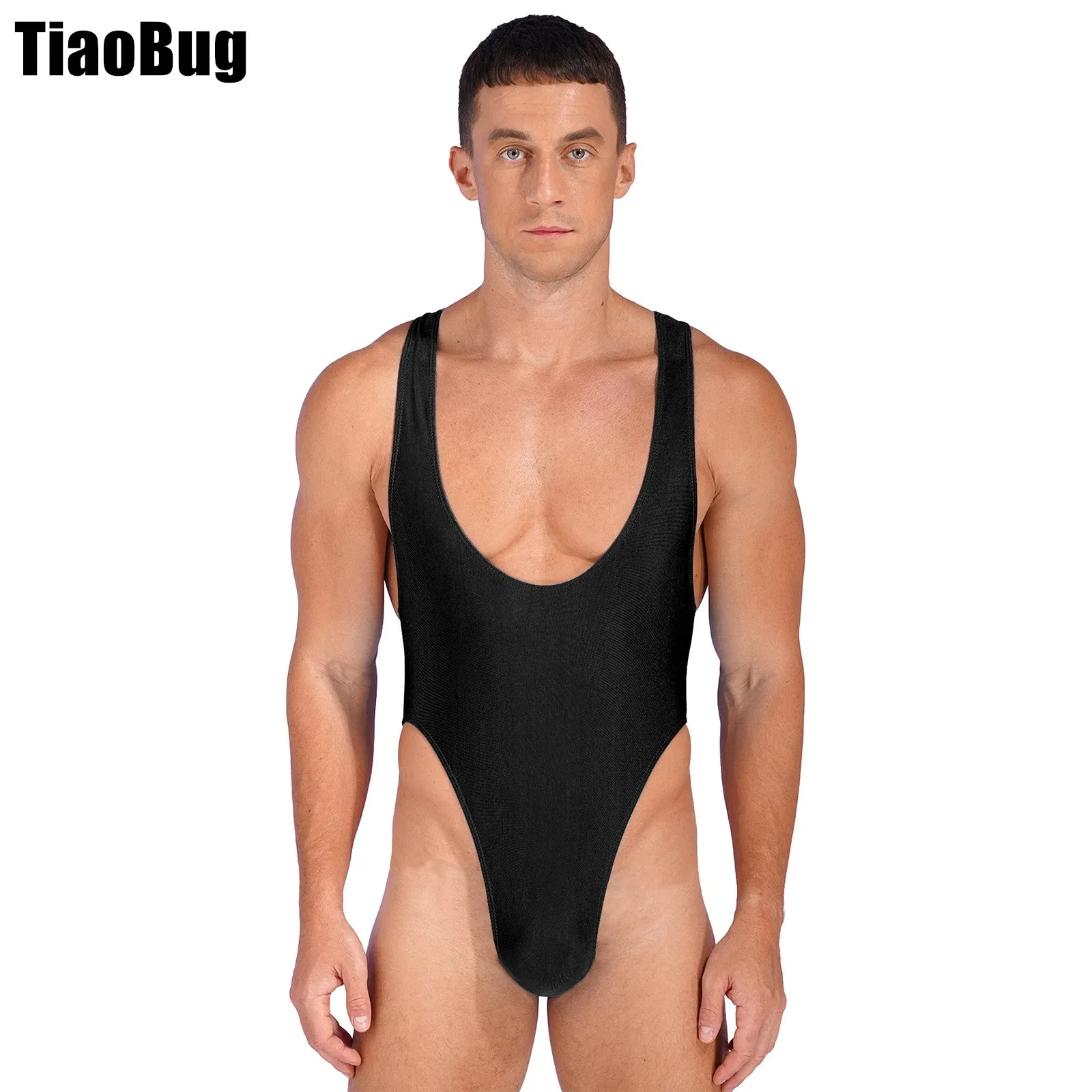 

Mens Deep U Neck Bodysuit One Piece Sleeveless Solid Color High Cut Leotard Swimsuit