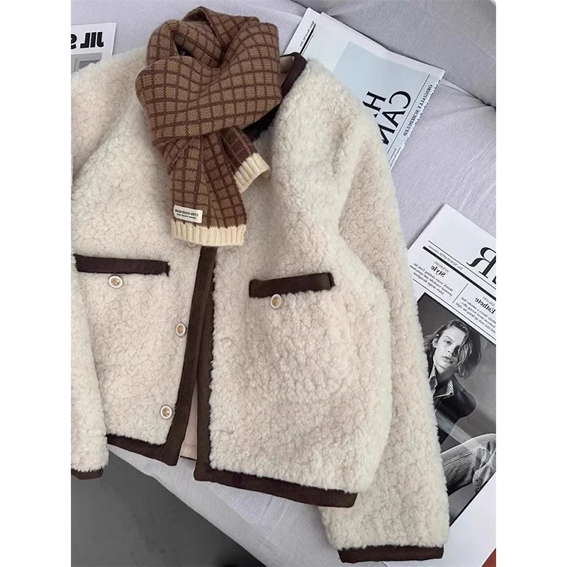 

Women's Thickened Winter Short Lamb Fur Jacket Pastel Brown Color Block Velvet Outerwear Loose Fit Long Sleeve Zipper