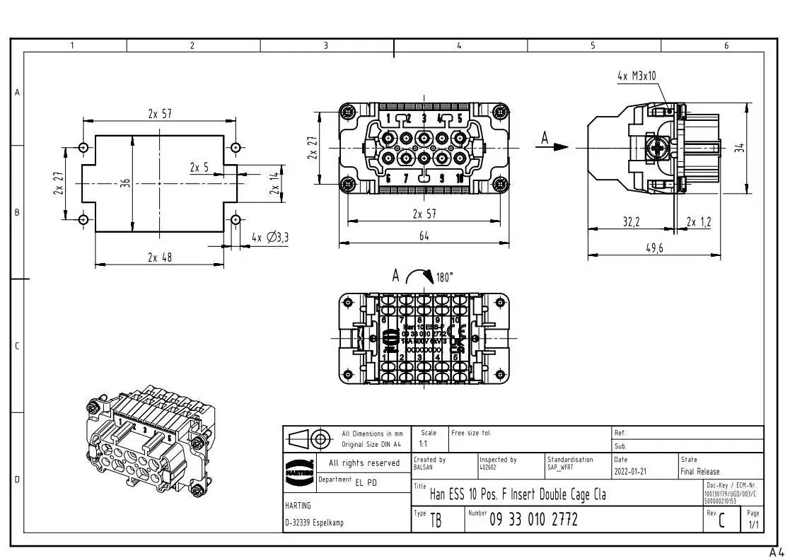 09330102772 HARTING HAN 10 ESS-F 10-pin female connector