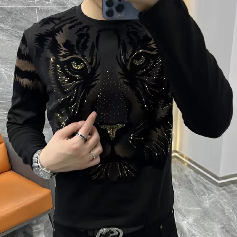 High Quality Fall New Men Long Sleeve Round Neck Underlay T-shirt Personalized Print Hot Diamond Casual Versatile Tiger Head Top