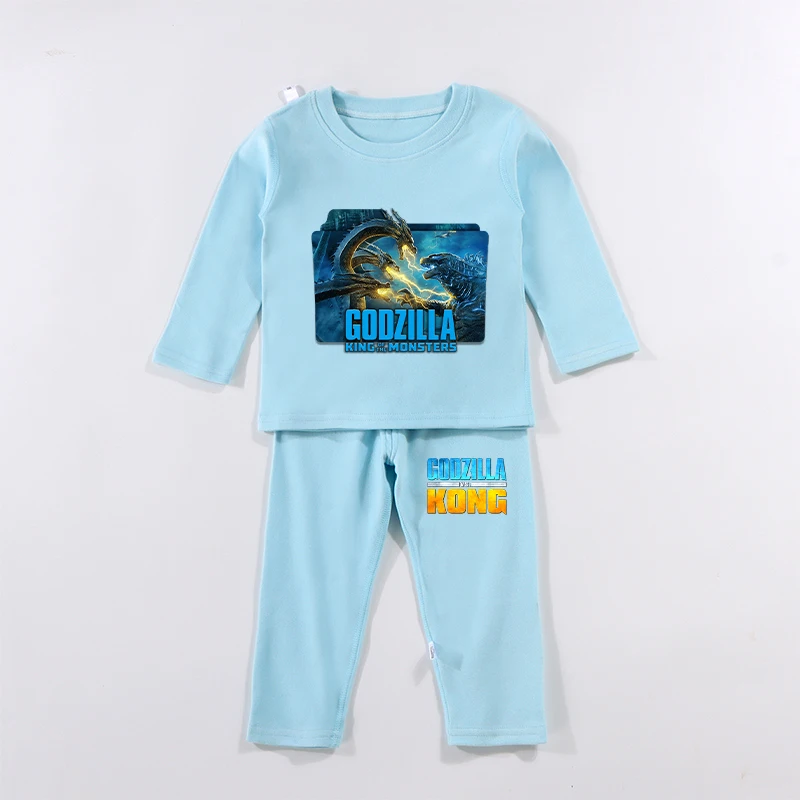 Godzilla Kong Children's Long Sleeve Pajamas Suit Thicken Warm Movie Cartoon Cute Boy Sleepwear Tops Pants Nightwear Set Clothes