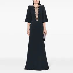 Black Wedding Guest Dresses for Women Crystal O Neck Elegant Evening Gowns 3/4 Sleeves Tumpet/Mermaid Formal Party Dress Long