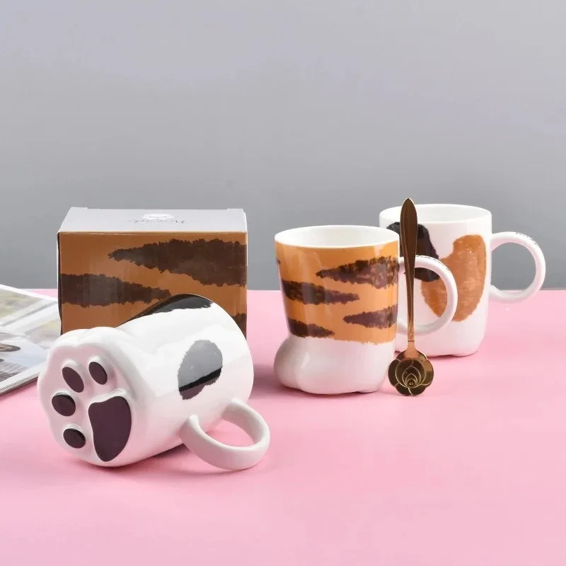 Ceramic Cat Paw Mug Tiger Print Cute Home Milk Coffee Cup Breakfast Office Cup