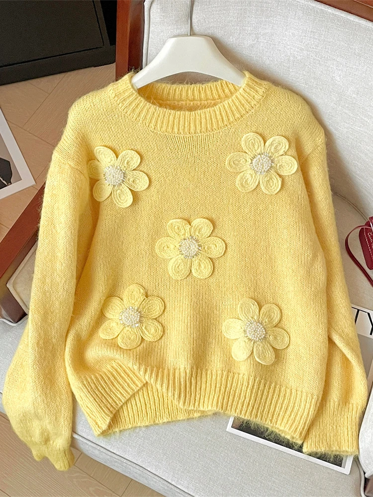 Women's Yellow Pullover Sweater Harajuku Long Sleeves O-Neck 3D Floral Sweaters Jumper Vintage Y2k 2000s Clothes Fashion Winter