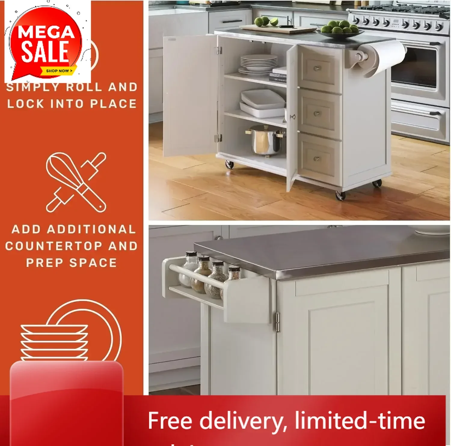 Time-limitedXMSJ.Dolly Madison Rolling Mobile Kitchen Island with Storage and Towel Rack, 54 Inch Width, Off White