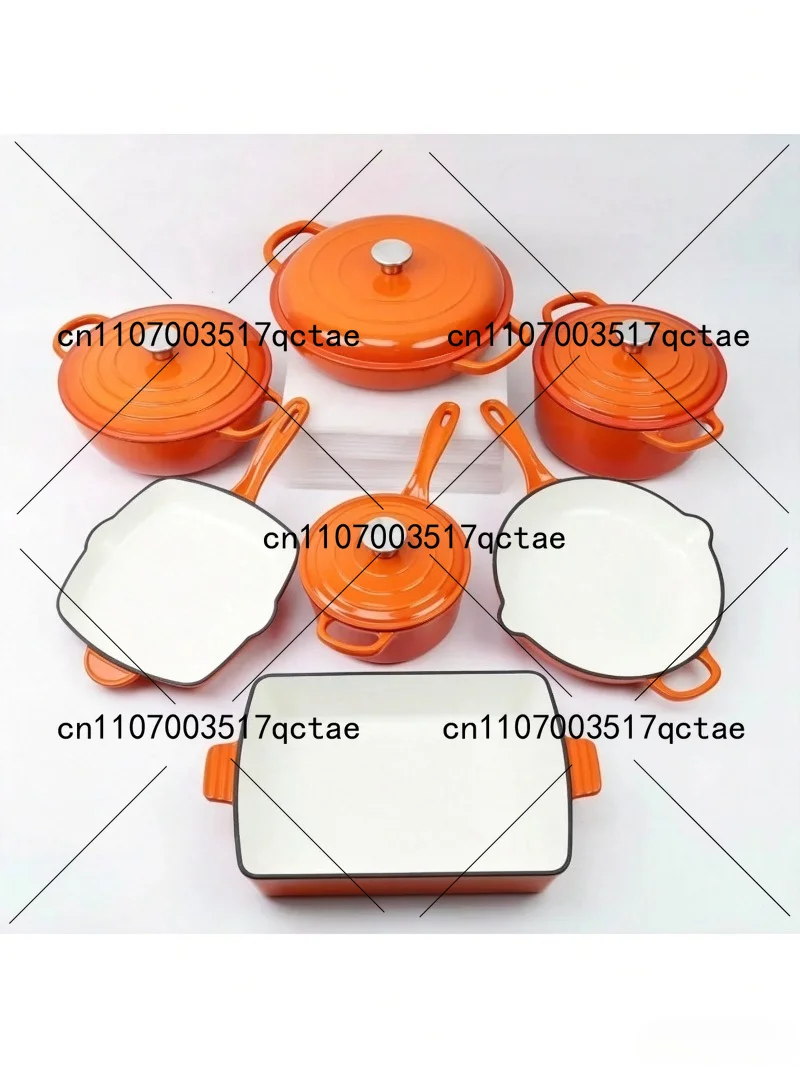 Cast Iron Enamel Cookware Set 7-Piece Pot Combo Stew Pot Soup Pan Frying Skillet Saucepan Kitchen