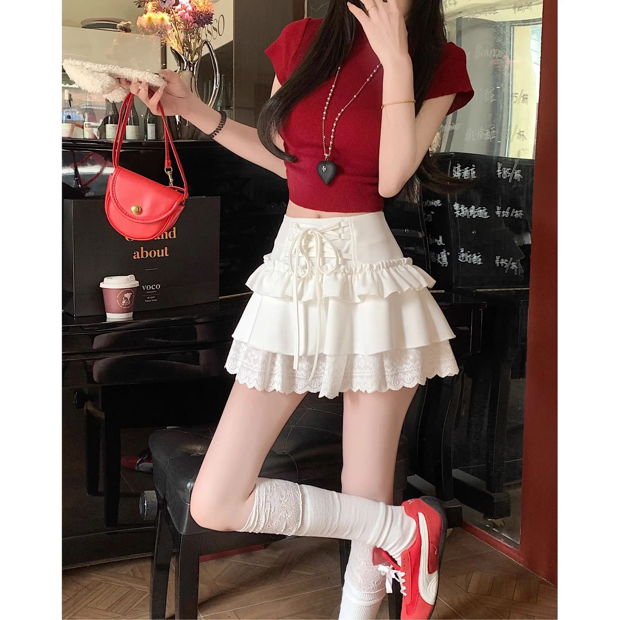 Kimutomo Women Gray Tie A-Line Mini Skirt Summer Ruffle Tiered Cake Skirt High Waist Puffy Short Skirts Anti-Exposure