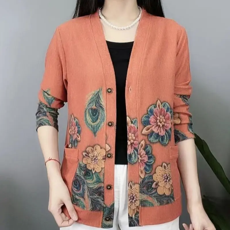 Vintage Woman Clothes Cardigan Long Floral Coat Streetwear Spring Autumn Long Sleeve V-neck Versatile Fashion Casual Knit Jacket