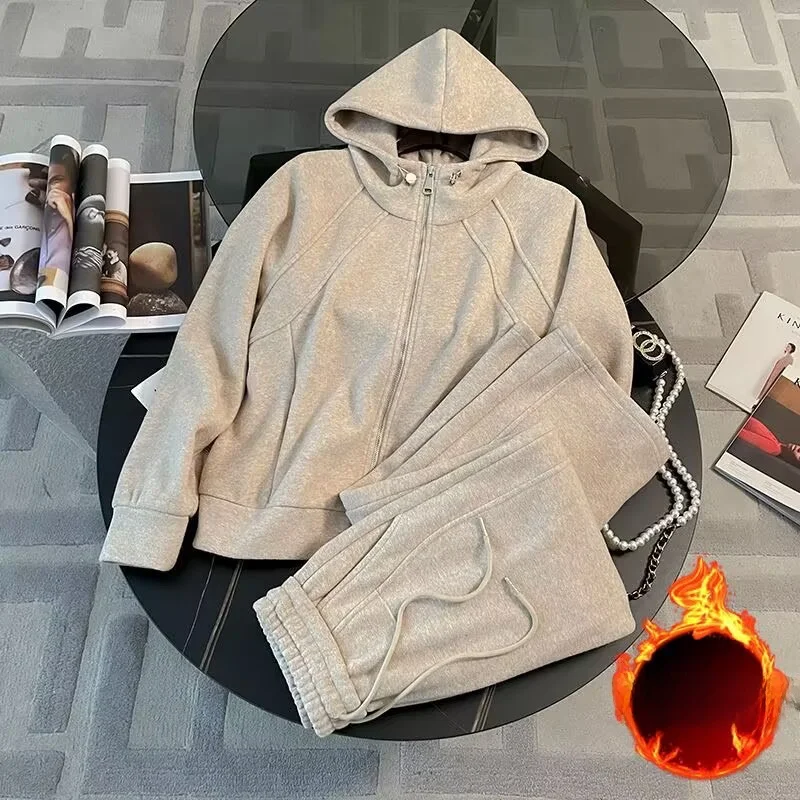 

Korean Style Casual Sportswear Set Women's Autumn Winter Slimming Simple Fleece Zipper Hoodie Wide Leg Pants Two Piece Set