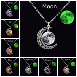 Luminous Solar System Planet Crescent Necklace Moon Earth Sun Pendant Jewelry Fashion Woman Chain Necklace Gift Glow In The Dark