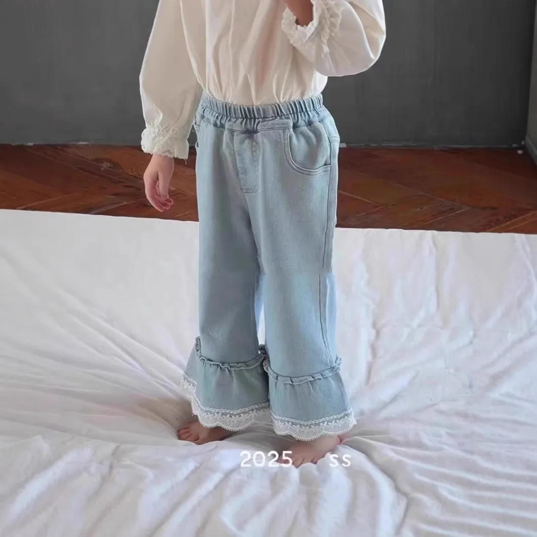 

Children's pants 2025 spring new Korean style girls' Western style lace Denim flared pants children's slim all-match trousers