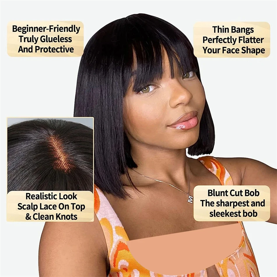 3x1 HD Lace Closure Wig Human Hair Straight Bob Wigs With Bangs Glueless Wig Wear And Go Full Machine Made Fringe Short Bob Wigs