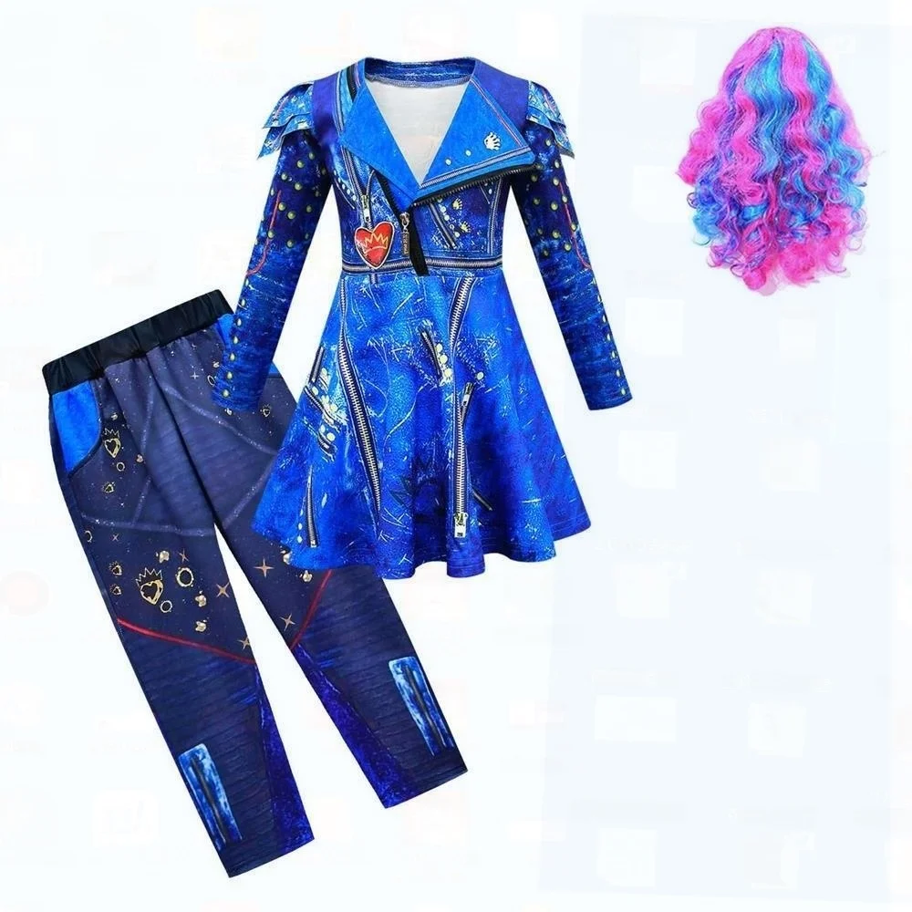 Halloween Descendants Cosplay-Kostüm-Set mit Perücke für Kinder, vierteiliger Anzug, chinesischer Hersteller 2024, Herbstveröffentlichung
