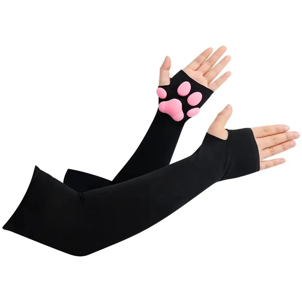 Cute 3D Silicone Pink Cat Claw Paw Pads Soft Fingerless Fluffy Sun Protection Cool Sleeves Cute Gloves Long Tube for Women