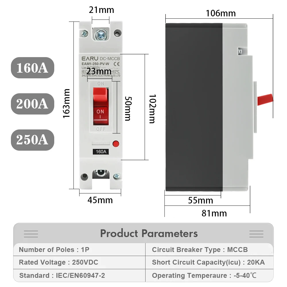 DC 250V 500V DC Solar Molded Case Circuit Breaker MCCB Overload Protection Switch Protector for Solar Photovoltaic PV 100A 125A