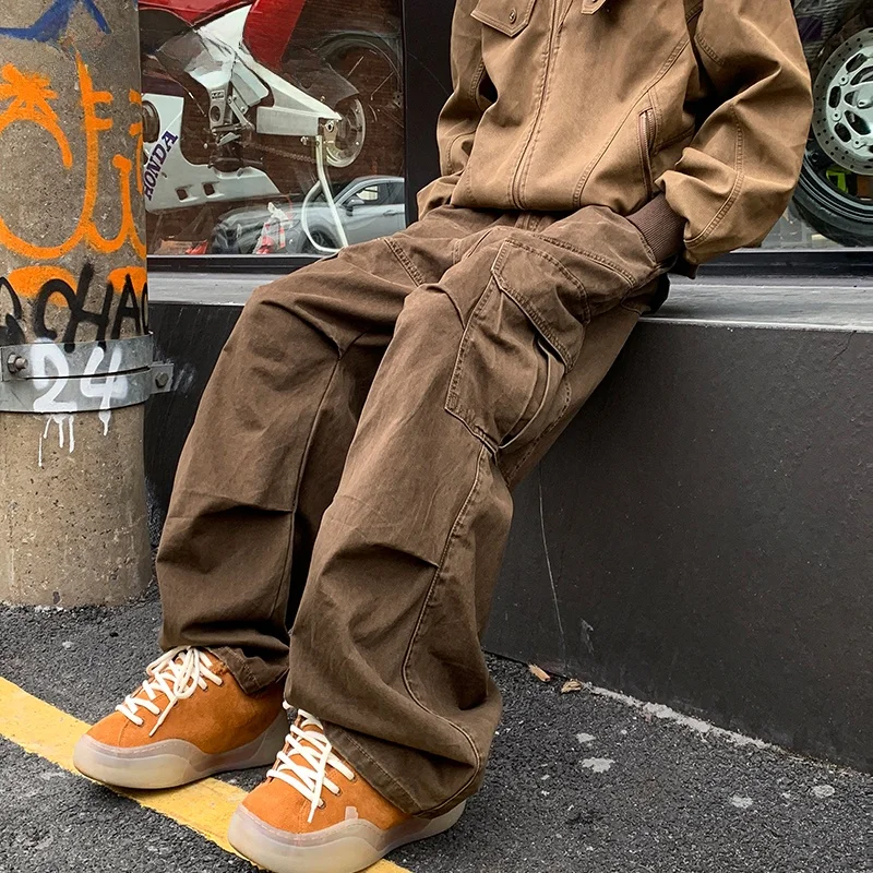 

Американские рабочие брюки в стиле ретро, мужские свободные прямые повседневные длинные брюки, большие весенне-осенние модные молодежные хлопковые брюки