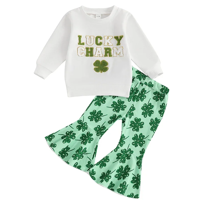 Toddler Girls Irish Day Outfits Letter Embroidery Long Sleeve Sweatshirt and Clover Print Flare Pants Set