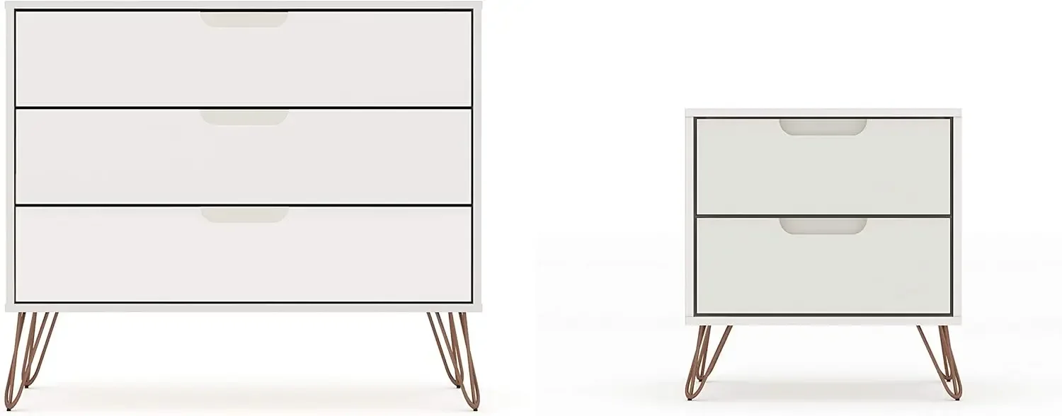 Rockefeller Mid-Century Modern 3 Drawer Bedroom Dresser with Nightstand, Set of 2, Off White