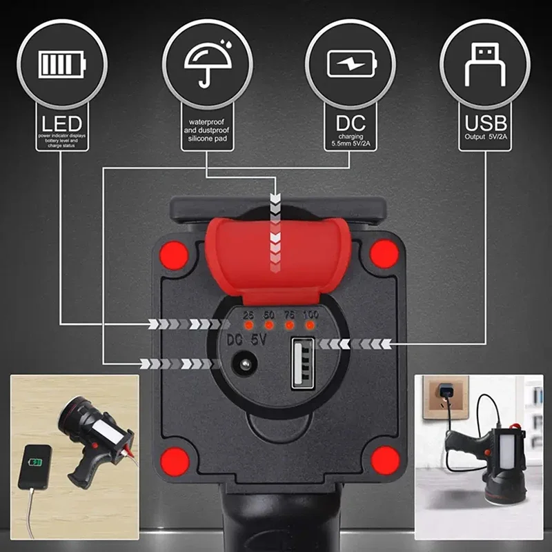 매우 밝은 LED 스포트라이트 충전식 7800 루멘 12800mAh, 오래 지속되는 탐조등, 홍수 낚시 하이킹 캠핑 손전등