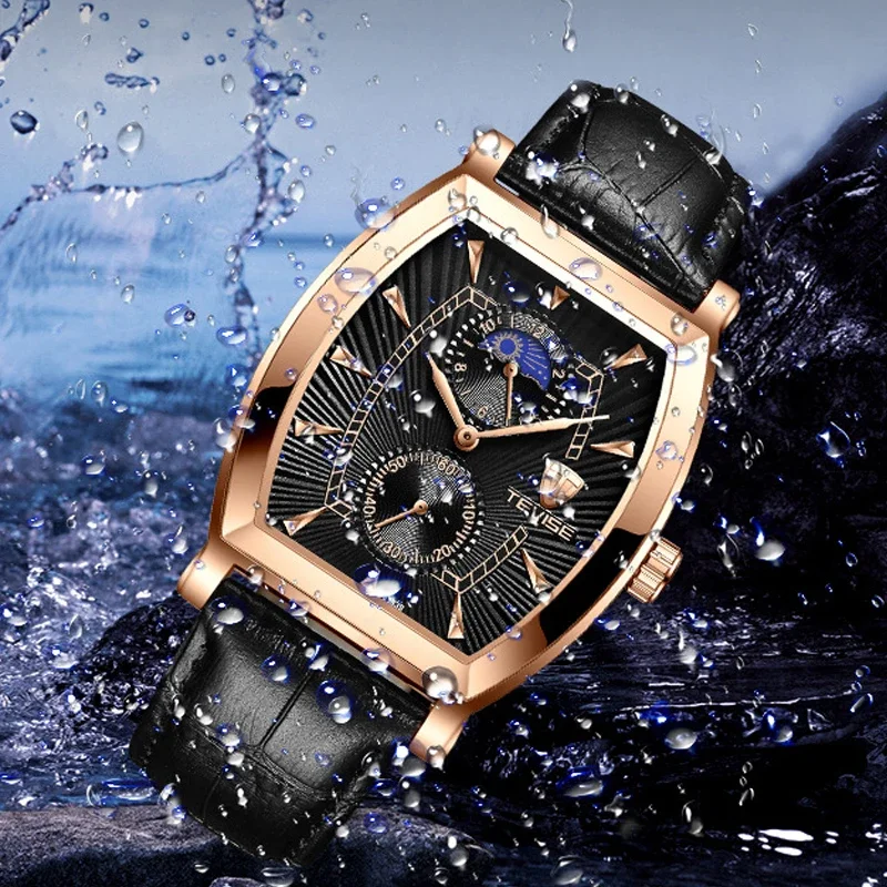 Classic Tonneau Case Watch for Men Moon Phase Fashion Quartz Mens Watches Man Male Clock Waterproof Rose Gold Relogio Masculino