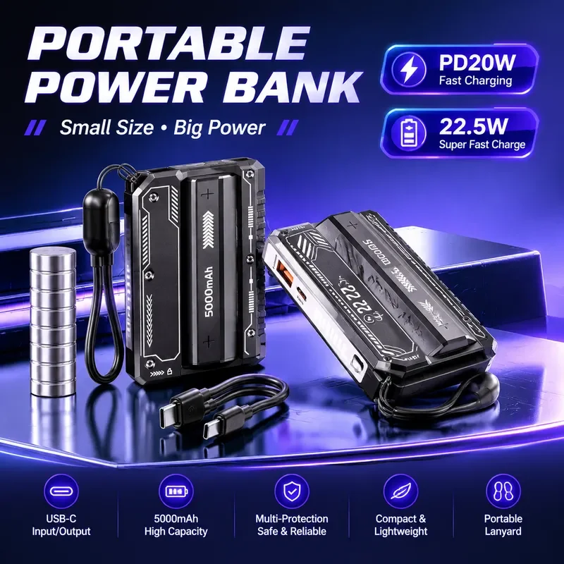 Wholesale New Mecha 22.5W Fast Charging Power Bank 5000mAh Removable Battery with Self-contained Cable Portable Mobile