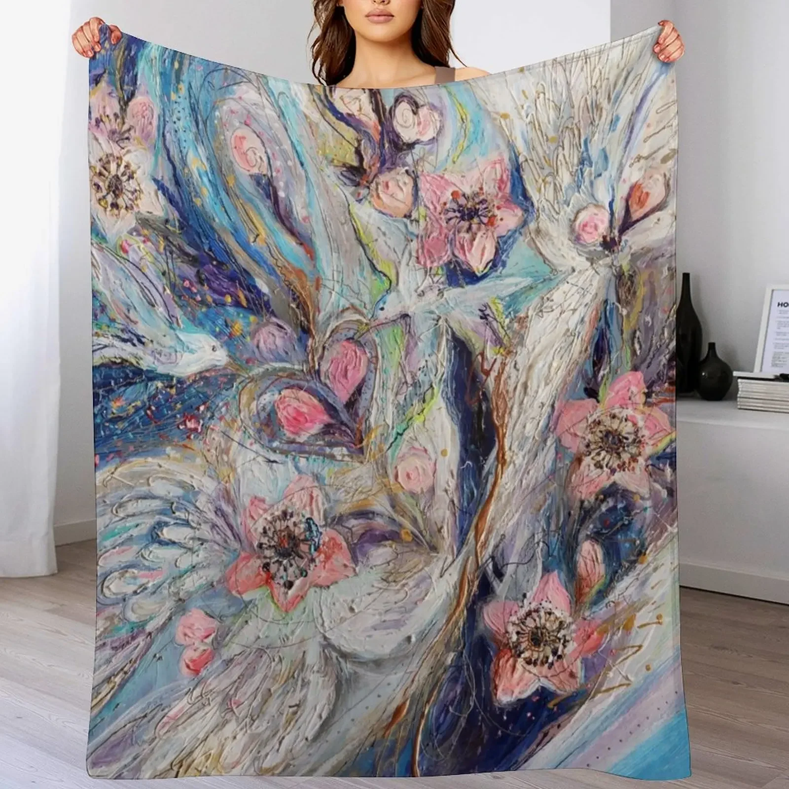 

Angel Wings #22. The Blossoming on Blue Throw Blanket Soft Plaid Plaid on the sofa Winter beds Warm Blankets