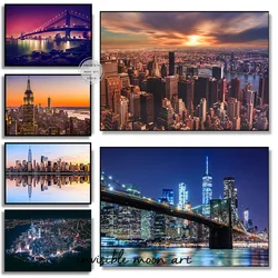 New York City Manhattan Skyline Sunset Night Lights Landscape Art Poster Canvas Painting Wall Prints Picture for Room Home Decor