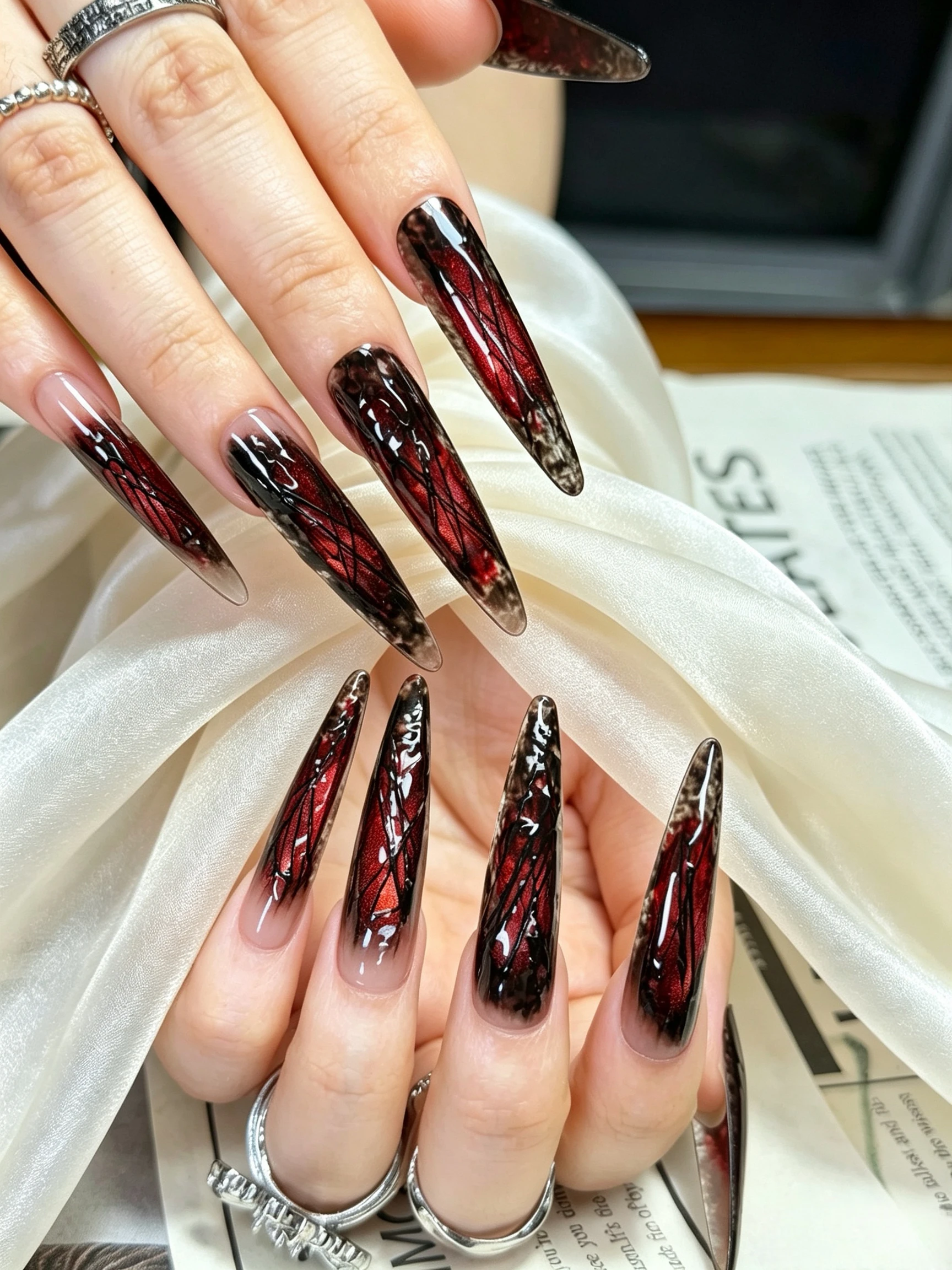 Gothic Red Spider Web Press On Nails, Long Stiletto Fake Nails with Black Gradient, Handmade Reusable Acrylic Nails for Hallowee