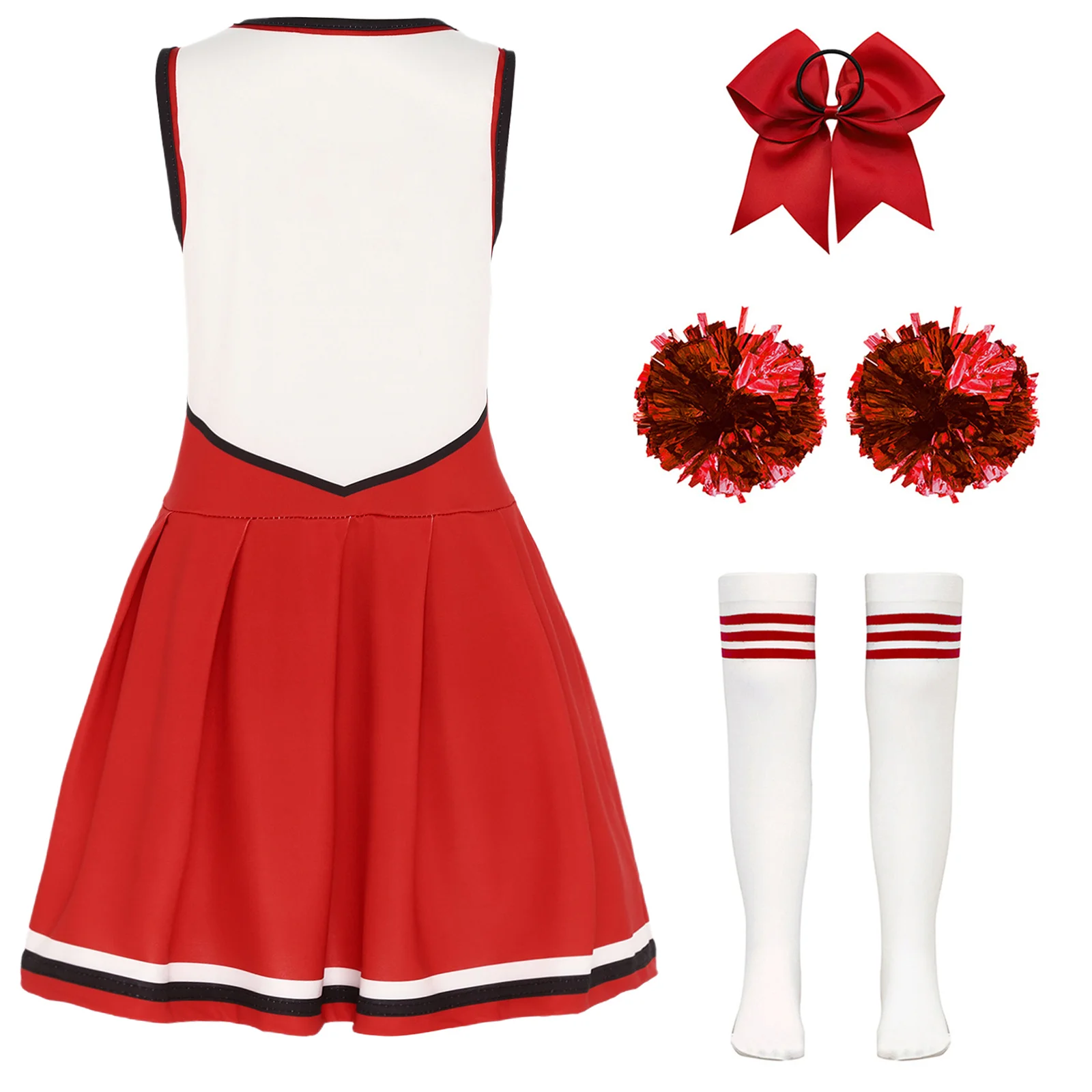 Kids Girls Cheerleading Dance Outfit Dress with Flower Balls Hair Tie Socks Halloween Carnival Party Cheer Team Cosplay Costume