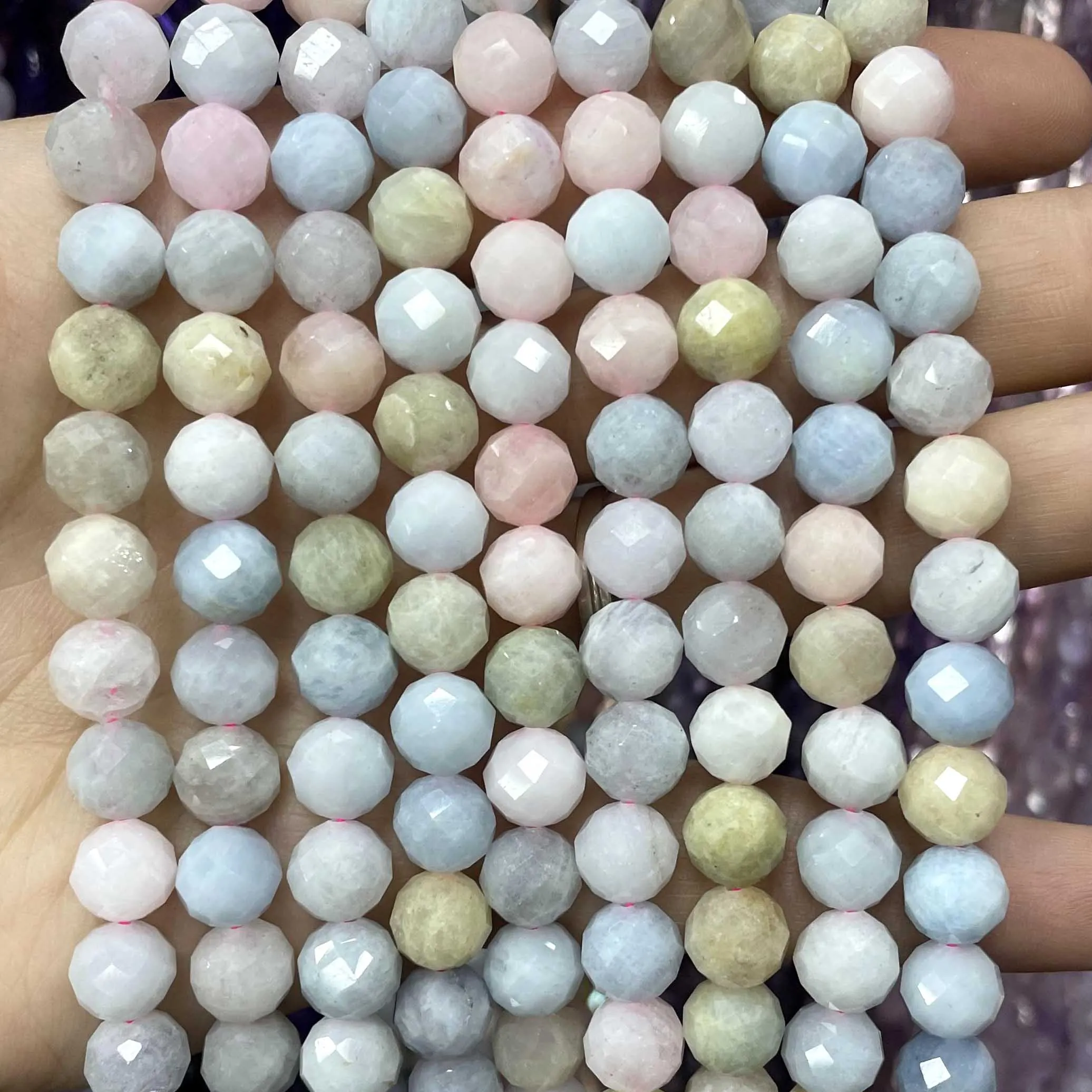 6/8/10MM Natural Stone Faceted Colorful Morganite Round Gemstone Spacer Beads For Jewelry Making DIY Accessories 7.5\'\'inches