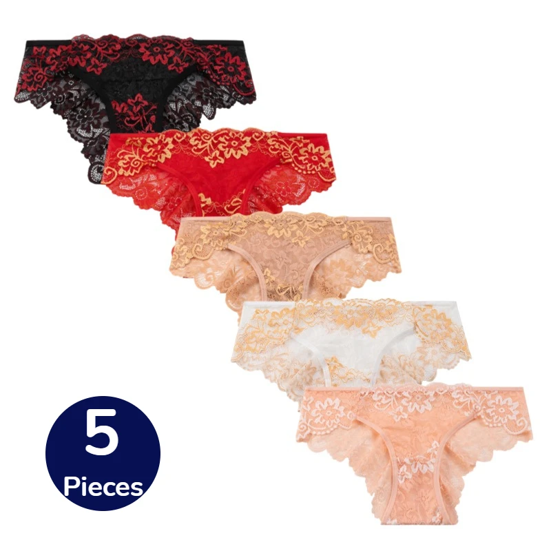 TrowBridge 5-teiliges Set Spitzenblumen-Damenslips Süße Sexy Damenunterwäsche mit Aushöhlungen Modische Slips Bequeme Atmungsaktive Unterhosen