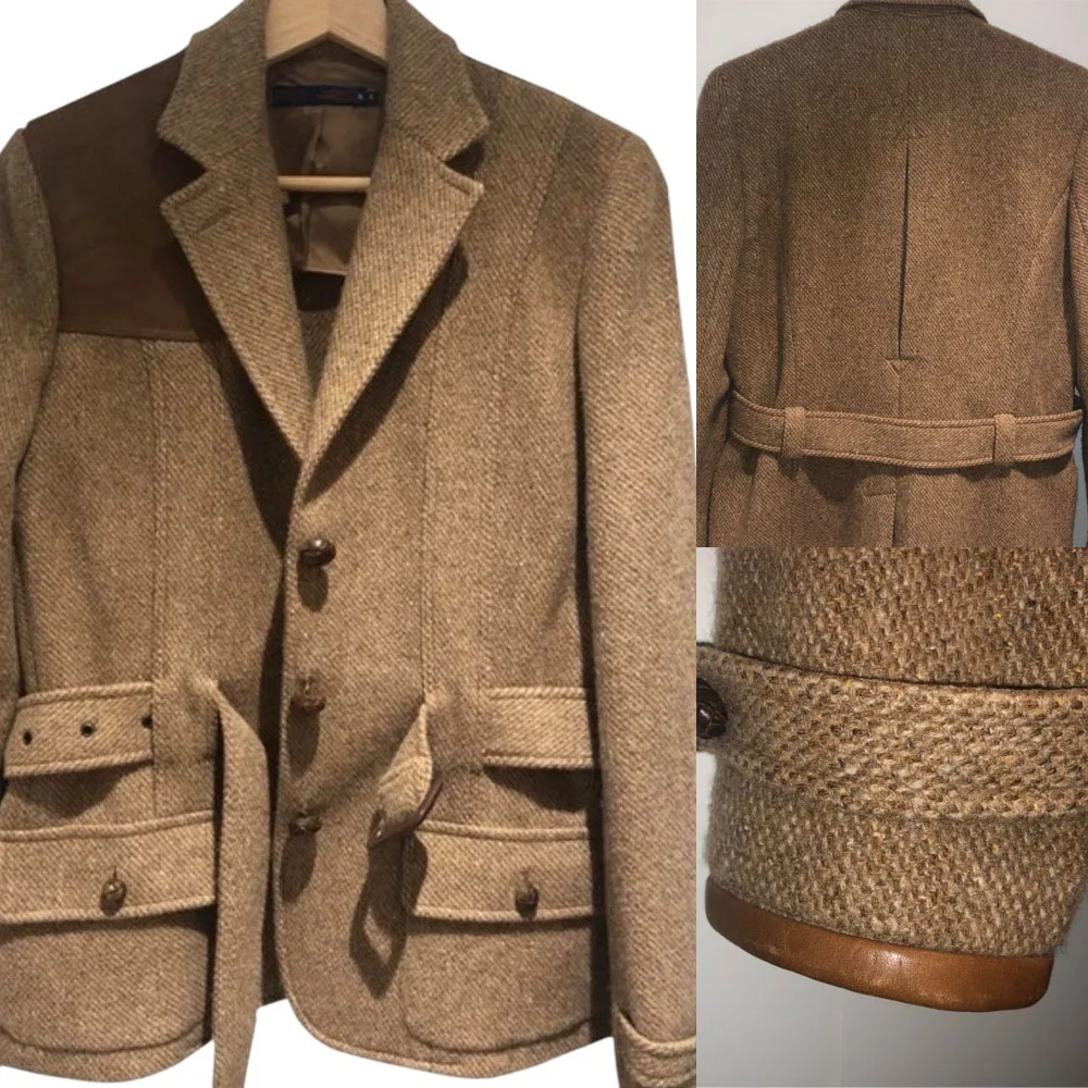 Retro Men Tweed Coat Shoulder Patch Notched Lapel Belted Multi Pocket Country Hunting Blazer Customized 1 Piece Business Wear