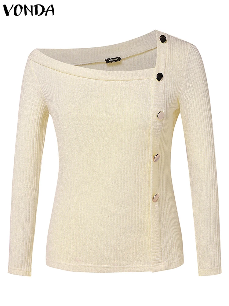 

2025 Autumn Women Sexy Knitted Sweaters Off The Shoulder Tops Irregular Neck Long Sleeve Solid Metal Button Pullovers VONDA