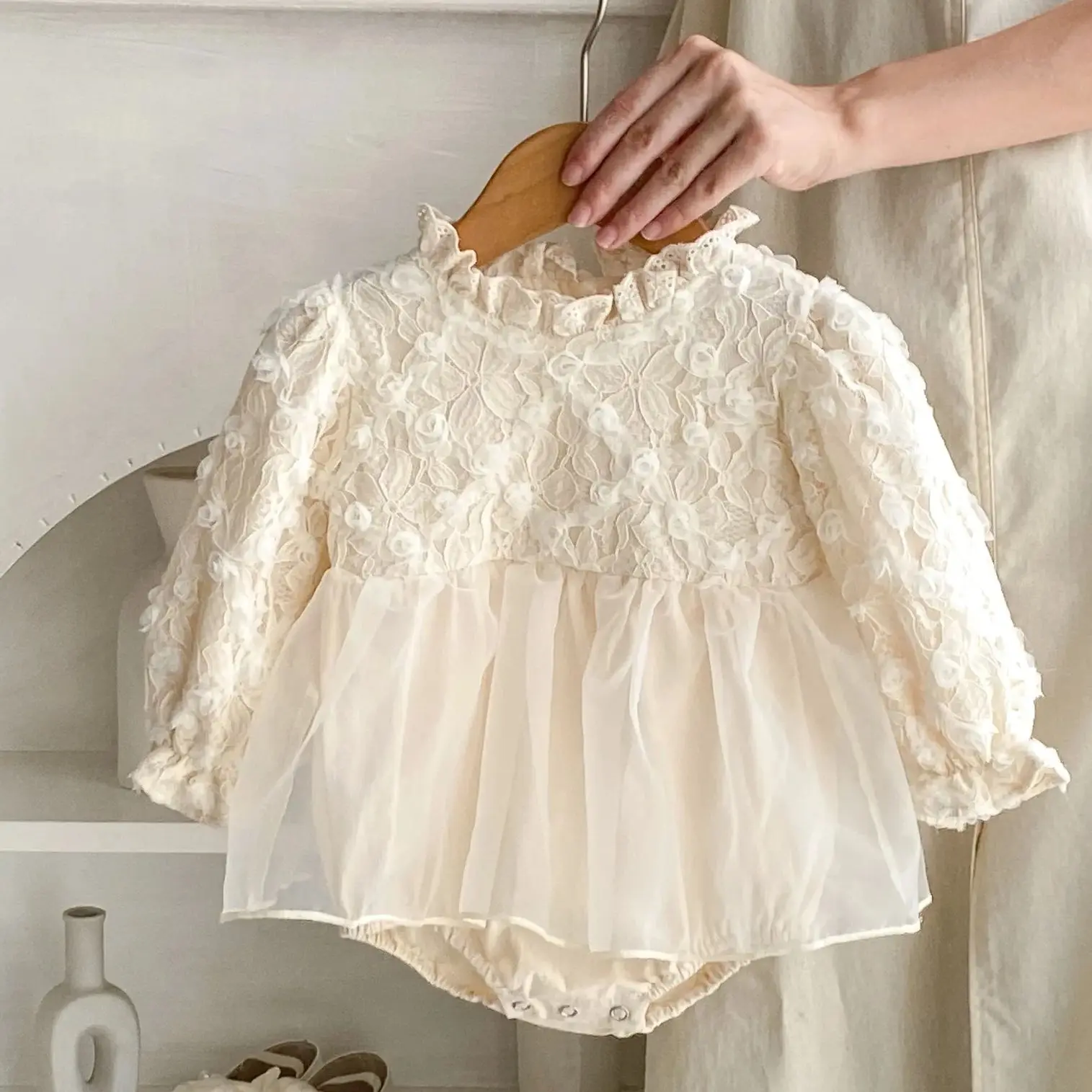 

Baby Girls Clothes Toddler Autumn Spring Long Sleeve Flower Lace Romper Dress For Infant Casual Daily Jumpsuit Baptism Overall