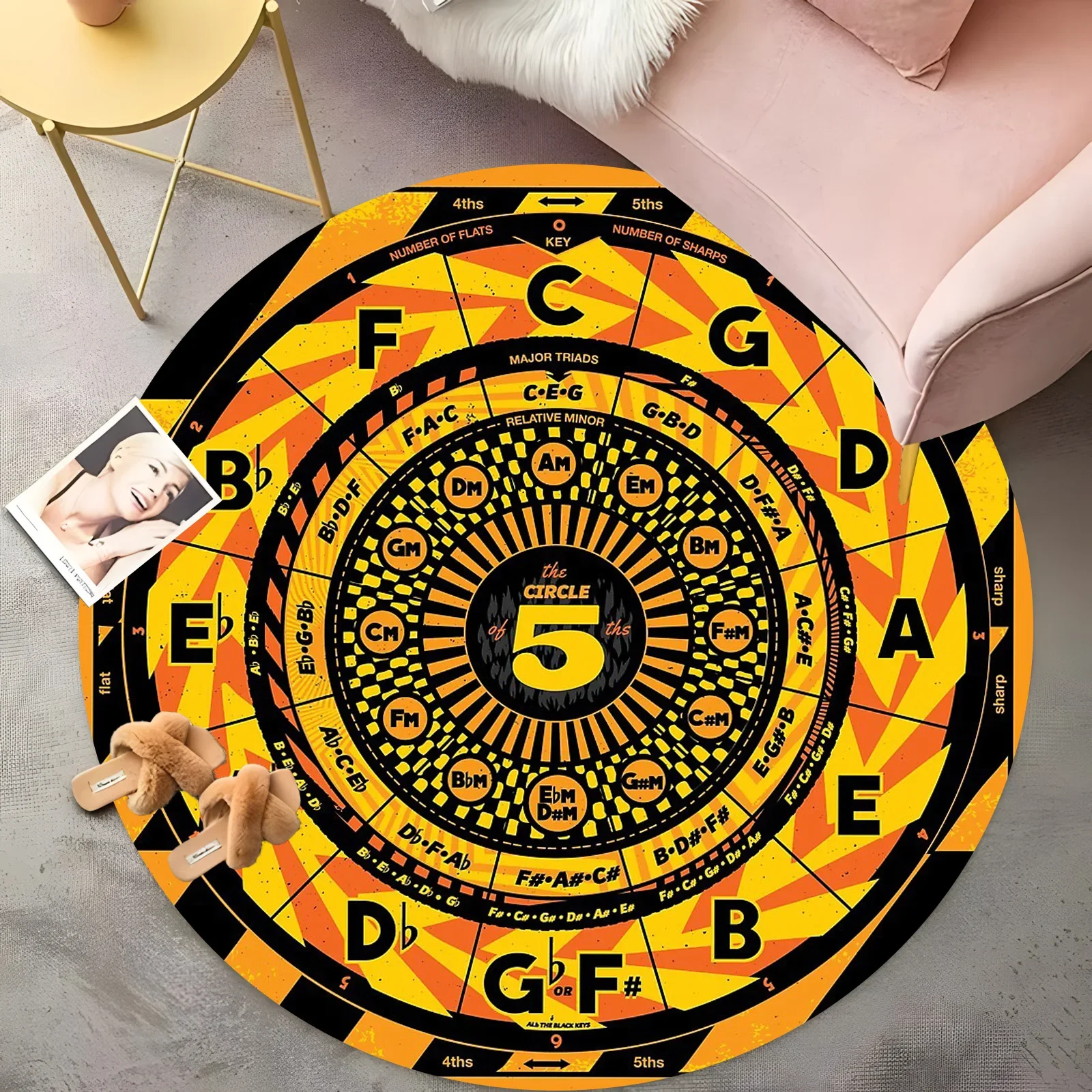 Music Theory Round Rug - Circle of Fifths Design with C D E F G A B Notes, Non-Slip Yellow & Black Carpet, Piano Teacher Gift