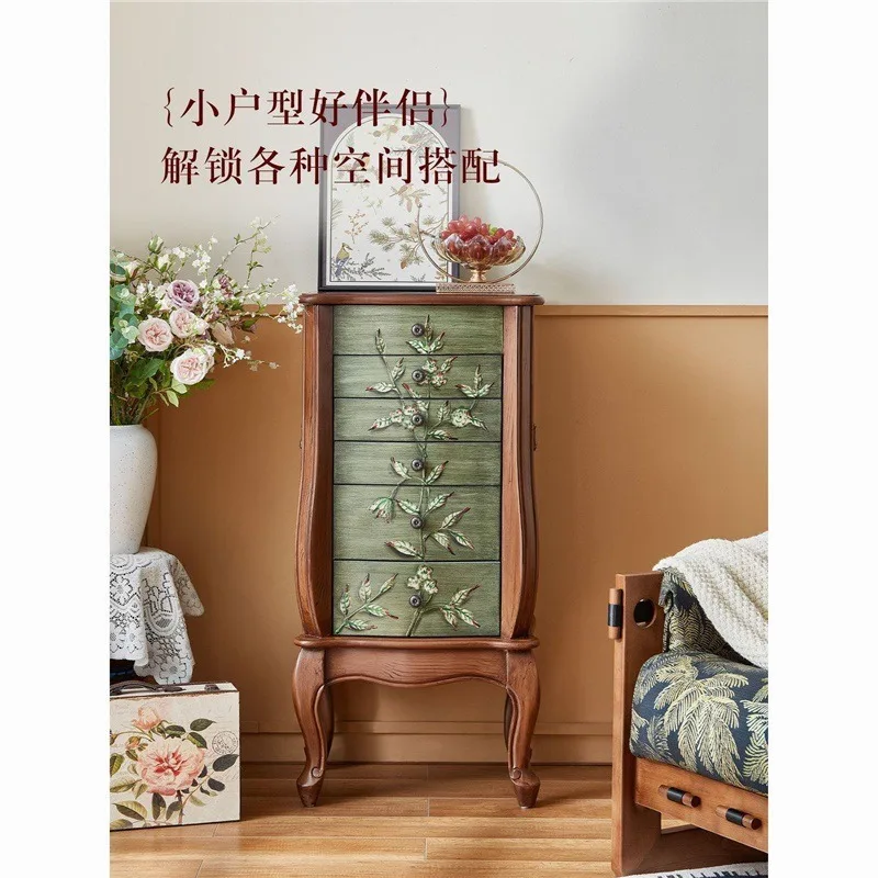 Vintage Wooden Jewelry Cabinet with Hand-Painted Design Mirror and Storage for Bedroom Makeup Vanity Stand for US Style 3