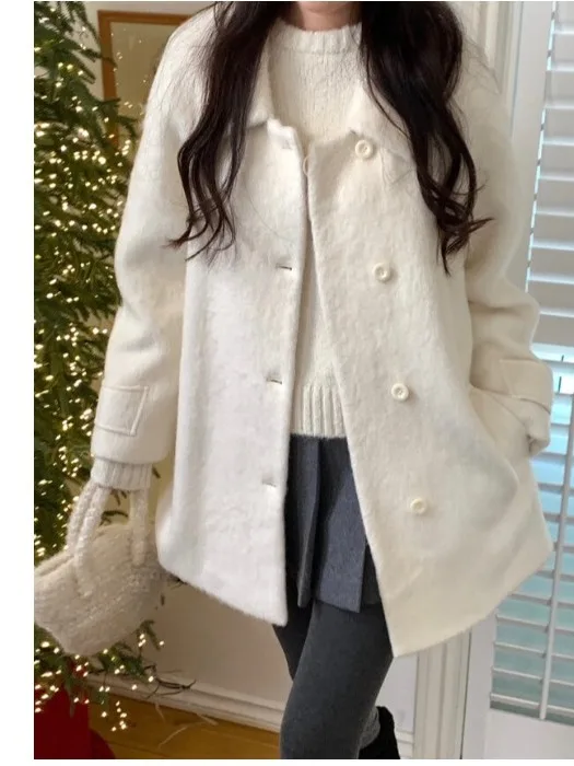 

Winter Ele Sweet Korean Sle Women's Mid-Length Woolen Coat Loose Fit Hepburn Series Faionable Thiened Long Sve